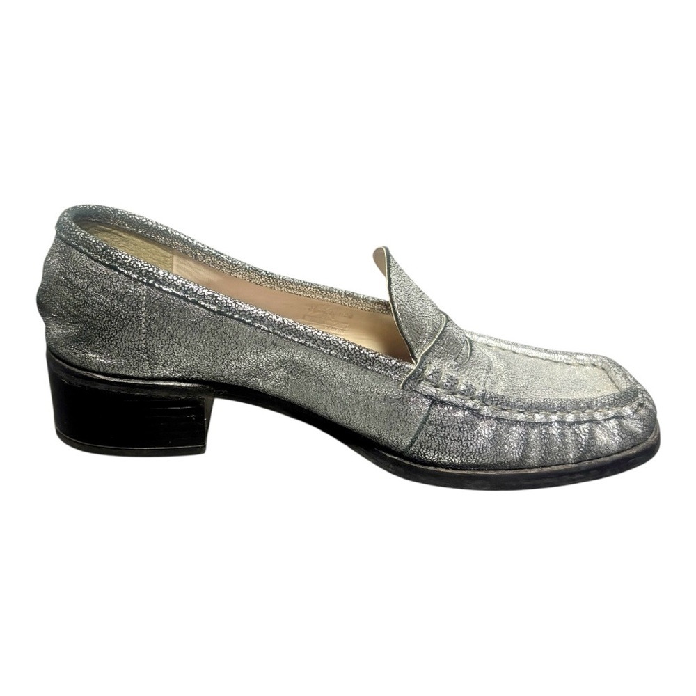 ZARA Shimmery Silver Leather Square Toe Loafers - Picture 2 of 9
